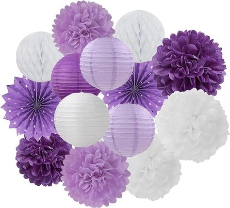 Amazon.com: Purple-White Lavender Party Decorations Streamers - 14pcs Women Girl Birthday Paper Lanterns Fan,Tissue Pom Poms,Baby Bridal Shower Wedding Engagement Bachelorette Graduation Decor Lasting Surprise : Tools & Home Improvement Lavender Party Decorations, Bridal Shower Decorations Purple, Lavender Party, Streamer Party Decorations, Purple Party Decorations, Lantern Paper, Blue Party Decorations, Boy Birthday Decorations, Tissue Pom Poms