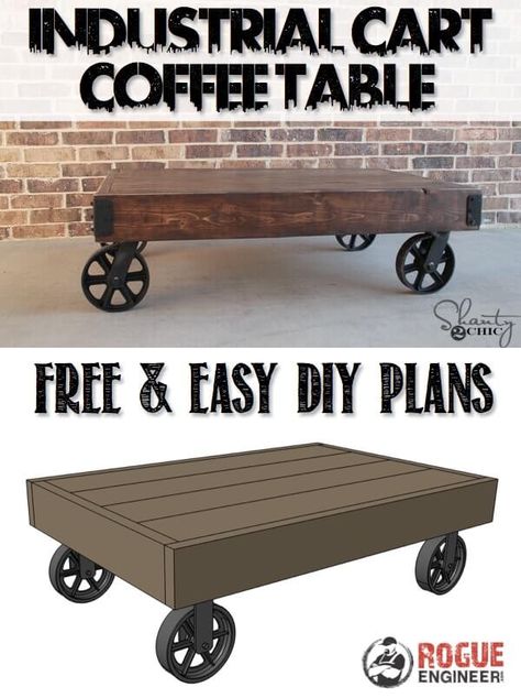 Industrial Cart Coffee Table | Free DIY Plans | rogueengineer.com #DIYcoffeetables #DIYplans Industrial Diy Decoration, Industrial Diy Decoration Ideas, Diy Industrial Furniture, Industrial Cart, Coffee Table With Wheels, Table With Wheels, Cart Coffee Table, Industrial Diy, Coffee Table Plans