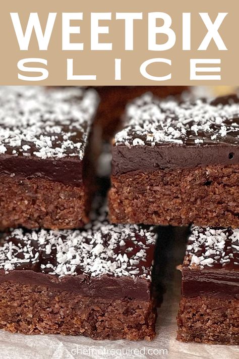 Pieces of chocolate Weetbix slice sprinkled with coconut on a wooden board. Chocolate Weetbix Slice, Chocolate Coconut Slice, Weetbix Slice, Healthy Desserts For Kids, Easy Slice, Easy Tiramisu Recipe, Fridge Cake, Passionfruit Recipes, Slice Recipe