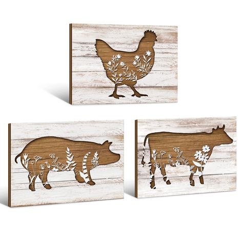 PRICES MAY VARY. What you will receive: you will receive 3 pieces of farmhouse kitchen signs, including cow, rooster and pig decors in 7.9 x 5.9 inch; Rustic wooden signs can help you create a warm atmosphere for your home Quality material: the wooden wall decors are made of quality wood that is close to nature, no bad smell and not easy to get corroded or broken, you can keep them for a long time as an exquisite home wall decor, making your home look cute and funny Easy to use: these farmhouse Country Farmhouse Decor Kitchen Rustic, Country Farmhouse Decor Kitchen, Decorations For Kitchen, Chicken Kitchen Decor, Rustic Wooden Signs, Farmhouse Kitchen Signs, Home Decor Cute, Rooster Kitchen, Pig Decor