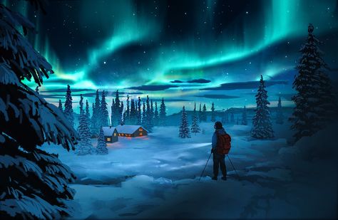 Precious Moments Party, Northern Lights Art, Wallpaper Macbook, Snowy Night, Body Reference Poses, Fantasy Concept Art, Winter Aesthetic, Fantastic Art, Environmental Art