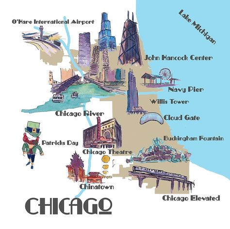 Chicago Michigan Karte mit Sehenswürdigkeiten • Buy this artwork on apparel, stickers, phone cases und more. Chicago Tourist Map, Willis Tower Chicago, O'hare International Airport, Chicago Art Print, Chinatown Chicago, Buckingham Fountain, Too Faced Highlighter, Chicago Map, Removable Wall Art