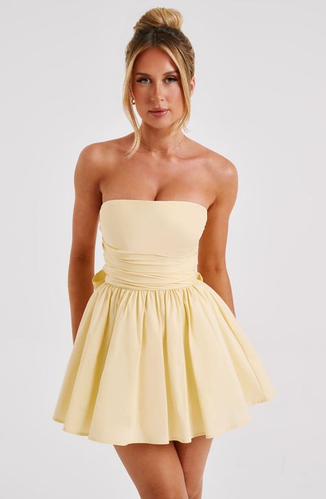 Katrina Mini Dress - Lemon – Babyboo Fashion Hoco Dress With Bow, Pale Yellow Dress, Mini Corset Dress, Cute Yellow Dresses, Short Yellow Dress, Homecoming Dresses Corset, Corset Design, Voluminous Skirt, Evening Mini Dresses