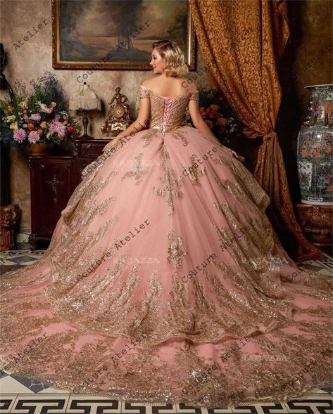 Light Pink Gold Sequin Appliques Quinceanera Dresses Off The Shoulder Ball Gown Birthday Gown Pink And Gold Quinceanera Dress, Gold Quince Dress, Quinceanera Dresses Gold, Quinceanera Pink, Tulle Train, Quinceñera Dresses, Quinceanera Dresses Pink, Pink Ball Gown, Photography Dress