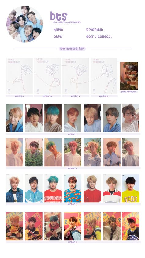 bts :: ot7 ly her love yourself her photocard wishlist template :: hd link in bio Photocard Wishlist Template, Wishlist Template, Love Yourself Album, Photocards Template, Bts Tattoos, Photocard Template, Black And White Picture Wall, Photo Card Template, Bts Ot7