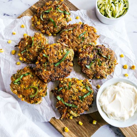 Crispy Zucchini and Corn Fritters Recipe Zucchini And Corn Fritters, Zucchini Ideas, Healthy Baked Beans, Meatless Entrees, Garlic Butter Pasta, Crispy Zucchini, Brie Bites, Fritters Recipe, Zucchini Recipe