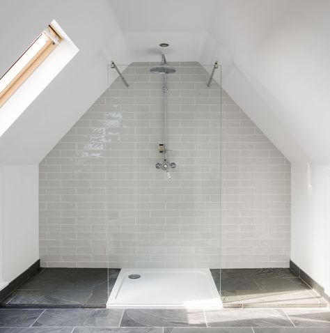 Horton Hall Farmhouse | Border Oak Bathroom Ideas Attic, Attic Shower, Attic Bathroom Ideas, Small Attic Bathroom, Walk In Shower Ideas, Ensuite Shower Room, Loft Bathroom, Farmhouse Shower, Best Bathroom Designs