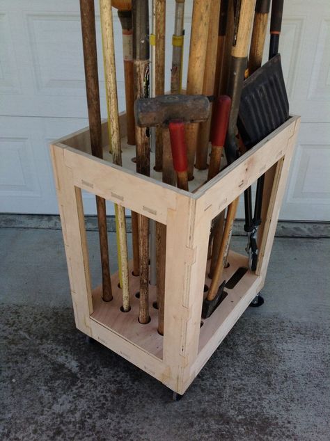 Long Tool Organizer Cart made with CNC-plywood -Brooms, Rakes, Shovels and the like #woodworking #organization #storage Cnc Plywood, Garden Tool Rack, Woodworking Organization, Organization Cart, Garden Tool Organization, Tool Rack, Woodworking Patterns, Garden Tool Storage, Woodworking For Kids