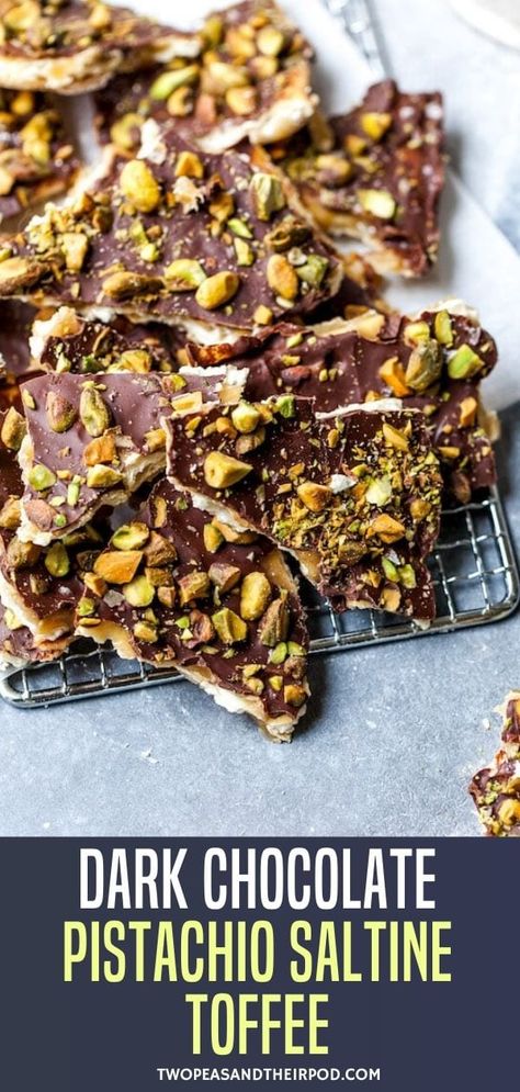 Dark Chocolate Pistachio Saltine Toffee is easy to make and the perfect treat for the holiday season. The sweet and salty combo is addicting! Make toffee for holiday parties or give as gifts! Pistachio Toffee, Easy Christmas Treats Recipes, Dark Chocolate Pistachio, Graham Cracker Toffee, Saltine Cracker Toffee, Toffee Bark, Saltine Toffee, Lithuanian Recipes, Delicious Christmas Desserts