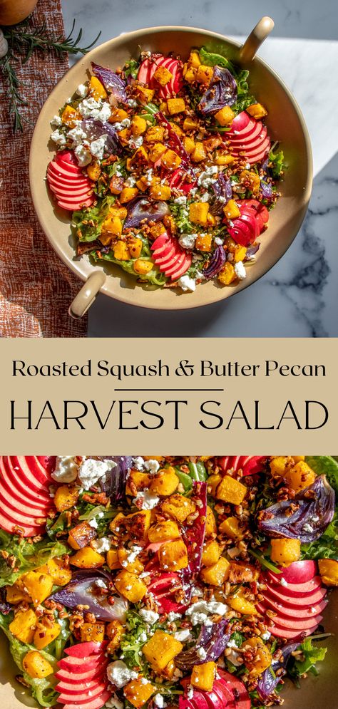 Roasted squash and butter toasted pecans are the shining stars of this gorgeous harvest salad. Fresh, crisp fall apples and honey goat cheese are a close second. But the absolute secret to this salad is the fond in the vinaigrette dressing. Harvest Salad Recipes, Honey Goat Cheese, Fall Harvest Salad, Apples And Honey, Autumn Salad Recipes, Apple Salad Recipes, Harvest Salad, Pecan Salad, Squash Salad