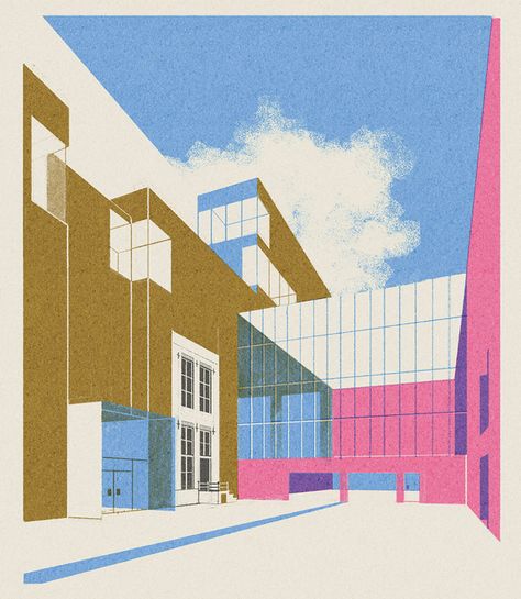 Amsterdam-based illustrator Leonie Bos re-creates forms of 20th century architecture through minimal and modernist prints. With a touch of retrospective styling, the illustrations remain entirely simplistic, Architecture Collage, Architecture Graphics, Architectural Section, Sopot, Architecture Rendering, Commercial Architecture, Diagram Architecture, Model Drawing, Architecture Illustration