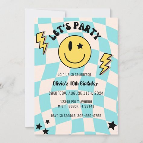 Preppy Blue Checkered Smiley Birthday Invitation Preppy Sage Green, Smiley Birthday, Smile Birthday, Birthday Smiley, Blue Smile, Retro Blue, Blue Birthday, Blue Checkered, Y2k Retro