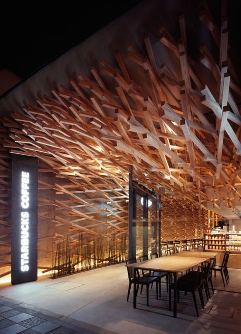 starbucks coffee // KENGO KUMA & ASSOCIATES dazaifu, fukuoka prefecture, japan Starbucks Interior, Menue Design, Starbucks Store, Kengo Kuma, Japanese Architect, Wooden Structure, Coffee Shop Decor, Japanese Architecture, Restaurant Interior Design