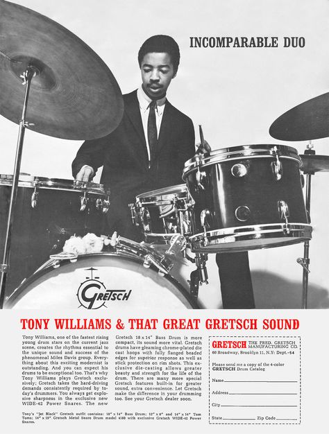 Tony Williams Drummer, Jazz Drums, Rogers Drums, Jazz Drummer, Drums Artwork, Jazz Posters, Tony Williams, Gretsch Drums, Vintage Advertising Art