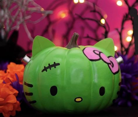 Zombie Hello Kitty Pumpkin, Halloween Pumpkins Hello Kitty, Hello Kitty Frankenstein Pumpkin, Halloween Hello Kitty Pumpkin, Pumpkin Painting Ideas Sanrio, Hello Kitty Halloween Pumpkin, Hello Kitty Trunk Or Treat, Sanrio Pumpkin Painting, Hello Kitty Halloween Party