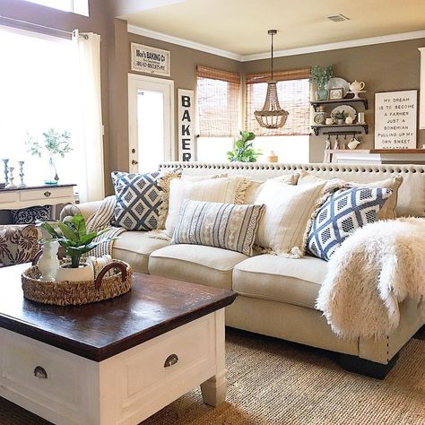 1,435 Likes, 58 Comments - Aly McDaniel (@thedowntownaly) on Instagram: “Happy Monday! I cleaned our family room so I thought I would take a pic!  Sharing for…” Kensington House, Cozy Farmhouse Living Room, Fireplace Room, Modern Farmhouse Living Room Decor, Tan Walls, Farmhouse Fresh, Farmhouse Living Room Decor Ideas, Rustic Farmhouse Living Room, Farmhouse Style Living Room