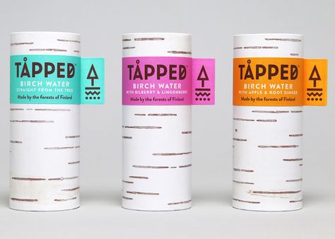 British design studio Horse has created a log-like carton and a Norse-inspired identity for birch-sap drink Tåpped Sarah Pidgeon, Water Packaging, Water Branding, Cool Packaging, Water Bottle Design, Packing Design, Birch Bark, Botol Air, Graphic Design Studios