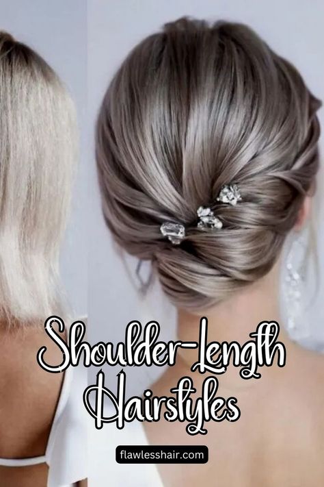 Fancy Updo Shoulder Length Hairstyles Updos, Shoulder Length Hair Updos, Diamond Hair Accessories, Shoulder Length Hairstyles, Diamond Hair, Low Maintenance Hair, Elegant Updo, Hair Length, Shoulder Length Hair