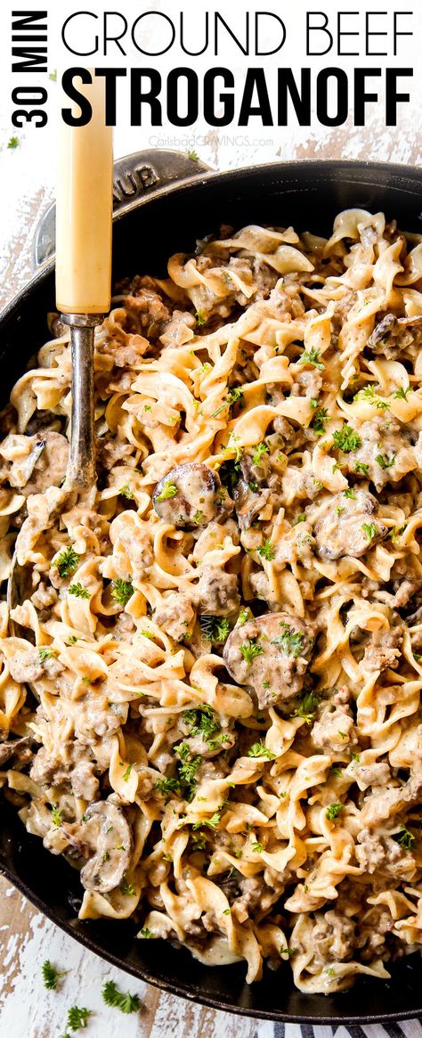 30 MINUTE Ground Beef  Stroganoff with luxuriously creamy, flavorful mushroom gravy without any cream soup! (Make ahead, freezer instructions)    #beef #groundbeef #beefrecipes #groundbeefrecipes #pasta #creamcheese #noodles #30minutemeals #recipes #dinner #recipes #recipeoftheday #recipeideas #recipesfordinner #pasta #pastarecipes #easyrecipe #easydinner #dinner #dinnerrecipes #dinnerideas #dinnertime via @carlsbadcraving Make Ahead Casseroles Dinner Ground Beef, Easy Ground Beef Stroganoff, Best Beef Stroganoff, Ground Beef Pasta Recipes, Ground Beef Stroganoff, Carlsbad Cravings, Stroganoff Recipe, Dinner With Ground Beef, Mushroom Gravy