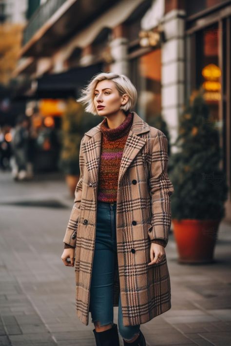 A stylish woman with short hair is seen in this image, wearing a trendy plaid overcoat. Her confident and chic outfit makes a fashion statement, while the short hair adds a touch of edginess to her overall look. The plaid overcoat adds a classic touch to her outfit, giving it a timeless appeal. This image captures the essence of modern fashion and can inspire others to experiment with their own style. Plaid Overcoat Outfit, Overcoat Outfit, Classic Style Essence, Edgy Classic Style, Plaid Overcoat, Edgy Classic, Style Essence, Women Overcoat, Bold Patterns