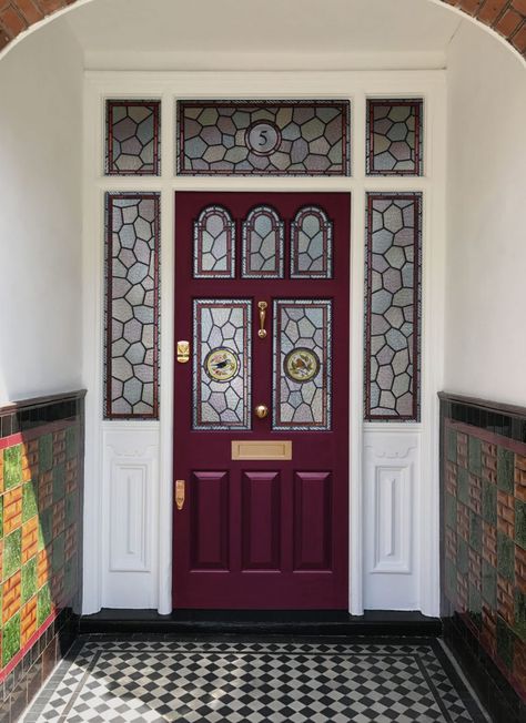 Dark Red Front Door, Victorian Front Door, Victorian Doors, Victorian Front Doors, Red Front Door, Victorian Door, Leaded Glass Windows, Door Company, Door Furniture