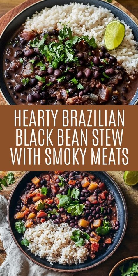 Warm up with our Authentic Brazilian Black Bean Stew with Smoky Meats! This hearty dish combines black beans, smoky meats, and spices for a comforting meal perfect for any occasion. 🌿🥘 Ideal for family dinners or meal prep, this stew is rich in flavor and tradition. Don’t miss out on this delicious recipe—Pin it now and start cooking! #BrazilianStew #ComfortFood #HeartyMeals #Recipe Black Beans With Ham Hock, Brazilian Black Beans And Rice, Brazilian Feijoada Recipes, Brazilian Beans And Rice, Black Beans And Ham, Black Bean Side Dish, Brazilian Beans Recipe, Brazilian Beef Stew, Brazilian Black Beans