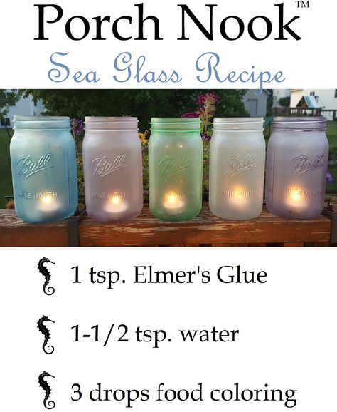 Re-purpose your Porch Nook Chalky Finish Paint jars with this amazing DIY mason jar idea. Create a collection of "SEA GLASS" bottles. You simply need water, Elmer's Glue and some food coloring.  It's so **EASY**, and so **PRETTY**.   You can find more ideas like this on Porch Nook's Facebook page https://www.facebook.com/PorchNook15/ Porch Nook, Chalky Finish Paint, Mason Jar Projects, Diy Jar Crafts, Mason Jar Crafts Diy, Mason Jar Gifts, Painted Jars, Jar Diy, Wine Bottle Crafts