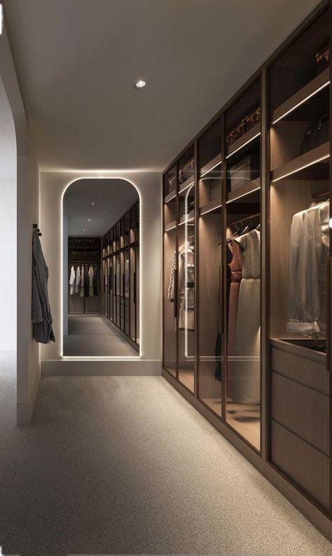 Comtenporany Interior Design, Dream Closet Design Women, Parcels Aesthetic, Garderobe Room, Luxury Room Aesthetic, Wardrobe Room Ideas, Narrow Walk In Closet Ideas, Duplex Interior Design, Wardrobe Entrance