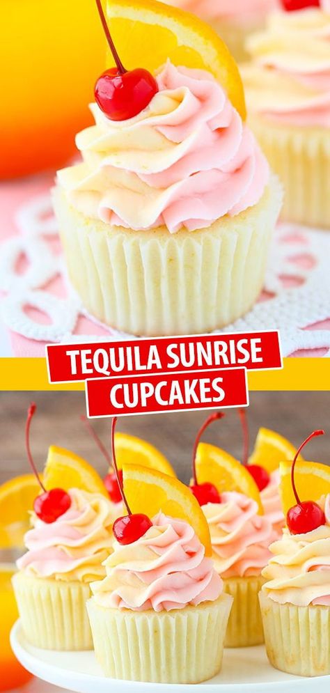 Baking Recipes With Alcohol, Tequila Sunrise Cupcakes, Cocktail Inspired Cupcakes, Tequila Cupcakes, Booze Cupcakes, Alcoholic Food, Boozy Cupcakes Recipes, Cocktail Cupcakes, Infused Cupcakes