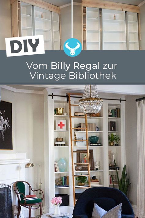 Genialer Ikea Hack: So verwandelst du deine Billy Regale in eine stylische Vintage-Bibliothek  - mit kompletter DIY Anleitung. Ikea Vintage Hack, Billy Regal Hack, Billy Hack, Ikea Billy, Play Space, Swedish Design, Ikea Hack, Bookshelves, Vintage Designs