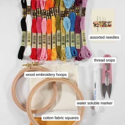 embroidery starter kit Embroidery Hoop Art Diy, Embroidery Stitches Beginner, Hand Embroidery Kits, Embroidery Tools, Embroidery Materials, Fabric Pen, Basic Embroidery Stitches, Dmc Embroidery Floss, Embroidery Book