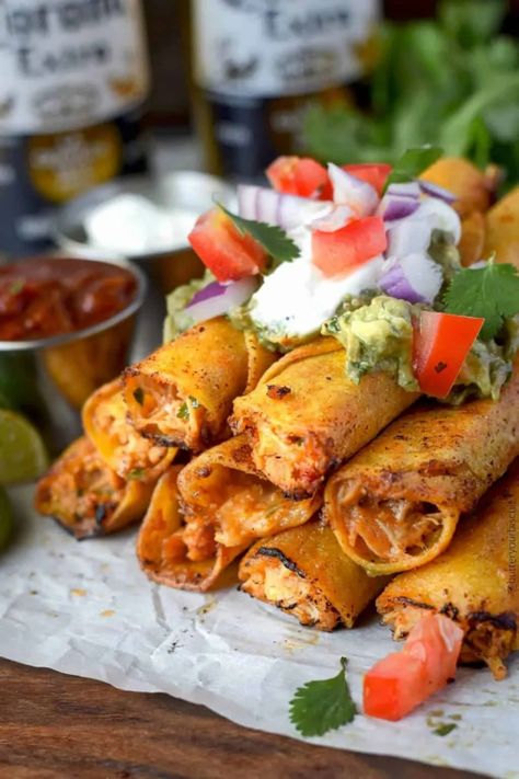 Pepper Jack Chicken, Baked Chicken Taquitos, Jack Chicken, Mexican Recipies, Mexican Things, Chipotle Salsa, Taquitos Recipe, Chicken Taquitos, Fried Corn