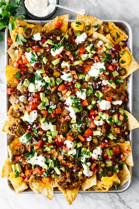 Easy Nachos Recipe Beef, Downshiftology Recipes, Easy Beef Nachos, Best Nacho Recipe, Ultimate Nachos, Mexican Ingredients, Nachos Recipe Beef, Super Bowl Food Healthy, Entertaining Appetizers