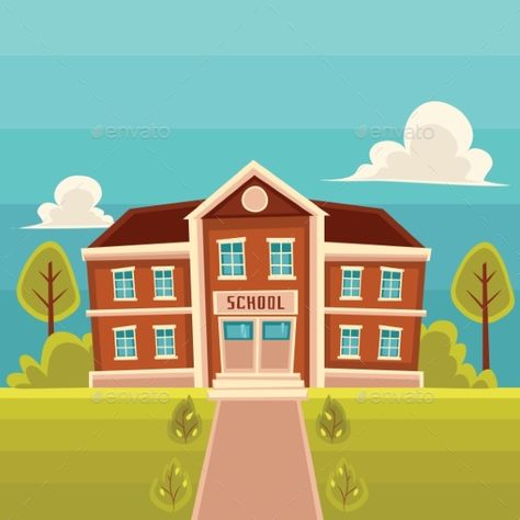 Front View School Building Cartoon Vector Building Cartoon, School Background, School Illustration, Building Front, School Cartoon, Building Drawing, Building Illustration, 3d Quilling, School Celebration