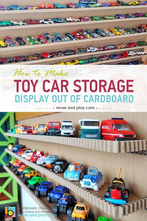 Small toy cars display storage is easy to make out of any cardboard box. #toycardisplay #toycarstorage #hotwheelsstorage #toycarorganizer Toy Car Shelf, Hot Wheels Cars Display, Diy Toy Car, Car Shelf, Toy Car Display, Diy Toys Car, Toy Trains Storage, Hot Wheels Storage, Toy Car Garage