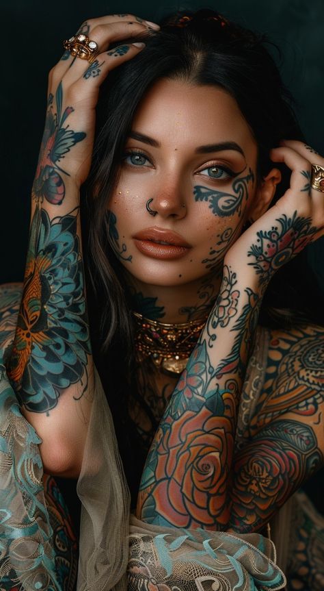 Tattoo Photoshoot, Tattood Girls, Female Tattoo Models, Tattoed Women, Facial Tattoos, Tattoo Photography, Chest Tattoos For Women, Pretty Tattoos For Women, Body Suit Tattoo