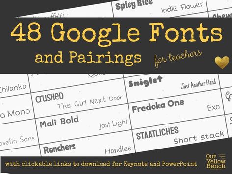 48 Google fonts with Pairings for teachers, with clickable links to download for Keynote and PowerPoint. Fonts For Teachers, Best Google Fonts, Google Font Pairings, Teacher Fonts, Classroom Library Organization, Library Organization, Word Walls, Free Teacher, Google Fonts