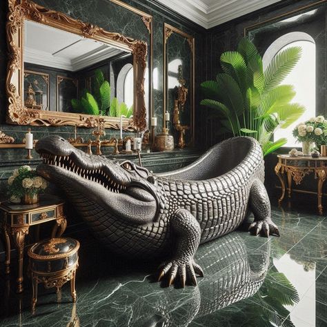 Wild Relaxation: Soak Away Stress in a Crocodile Shaped Bathtub Crocodile Bathtub 🐊🛁🌟 #ReptilianRelaxation #LuxuryLagoon #WildBathing Immerse yourself in luxury with a Crocodile Bathtub. Inspired by the untamed beauty of crocodile habitats, this unique bathtub brings a touch of the wild into your bathroom. With its sleek design and reptilian texture, it offers a truly indulgent bathing experience. Elevate your relaxation with a Crocodile Bathtub, where every soak feels like a plunge into the ... Crocodile Habitat, Large Bathtub, 3d Product Animation, Bathroom Dimensions, Product Animation, Dream Life House, 3d Product, 3d Tattoo, Fantasy Homes