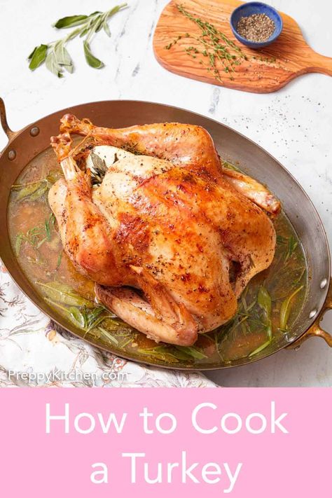 A tender, moist, and flavorful turkey is a must for any holiday dinner. It might seem like a daunting task, but it is easier than you think! Learn how to cook a turkey with this foolproof step-by-step guide for a stress-free Thanksgiving dinner! Beer Can Turkey, Beer Bath, Turkey Pan, Cook A Turkey, Herb Roasted Turkey, Turkey Broth, Roast Turkey Breast, Roast Turkey, Roast Duck