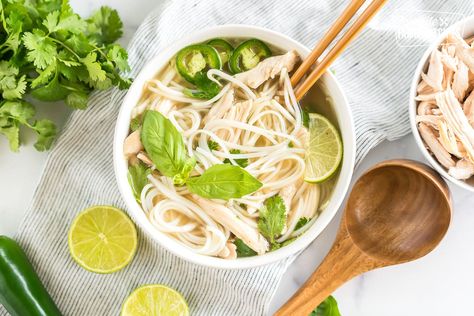 This easy Chicken Pho recipe uses a whole rotisserie chicken! Use the bones to make a savory, nourishing broth and use the meat for the soup. Easy Chicken Pho Recipe, Instant Pot Pho Recipe, Chicken Pho Soup, Pho Spices, Vietnamese Soup, Chicken Pho, Pho Soup, Pho Recipe, Snacks To Make