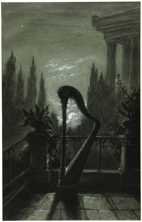 Carl Gustav Carus (1789–1869) Blue pencil.svg wikidata:Q61987 Title: Allegory of Music (Harp at Night) Date: C 1852 -1860 Medium: Black pencil, heightened with white, on gray-green paper Dimensions: height: 449 mm (17.67 in); width: 285 mm (11.22 in) Collection: Kupferstich-Kabinett Dresden Blue pencil.svg wikidata:Q570620 Carl Gustav Carus, Moonlight Painting, Dark Romantic, Aesthetic Painting, Victorian Gothic, Gothic Art, Harp, Original Fine Art, Art Classes