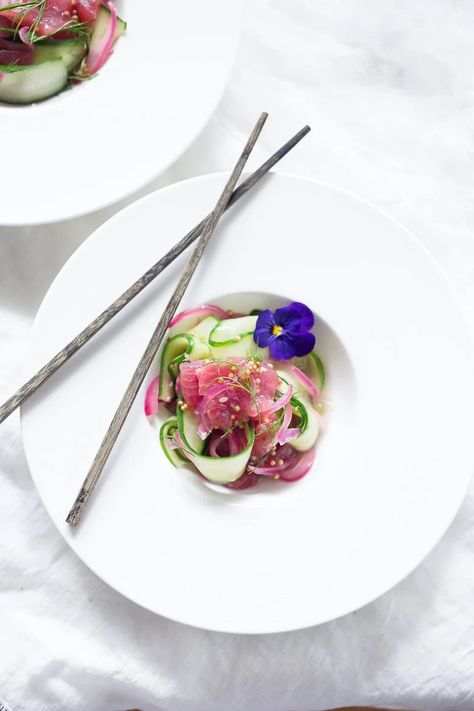 Ahi Salad with Cucumber Ribbons, Pickled Onions and Dill | Feasting At Home Ahi Salad, Marinated Watermelon, Cucumber Ribbons, Healthy Tuna Recipes, Fresh Fish Recipes, Main Dish Salad Recipes, Tuna Salad Recipe Healthy, Salad With Cucumber, Feasting At Home