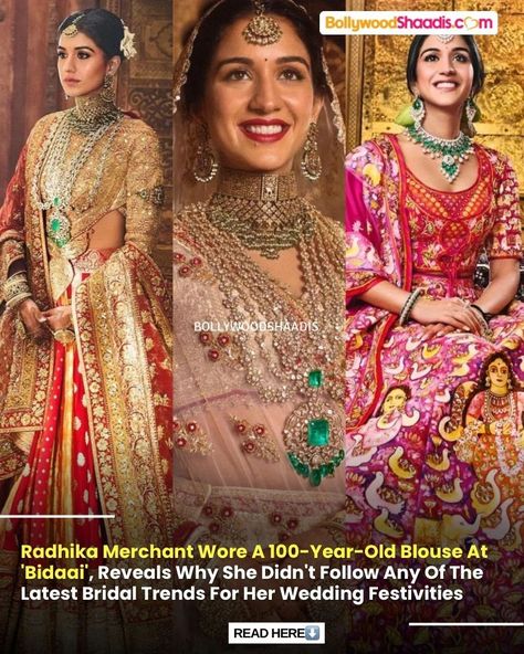 While Radhika Merchant looked like a queen at her wedding, she chose to opt for a different outfit during her bidaai ceremony. She slipped into a custom red-and-gold lehenga from Manish Malhotra's collection and donned the same jewellery, Radhika Merchant also revealed: "For my bidaai, I opted for the traditional Indian bridal red. My blouse was an archival piece—over 100 years old!—sourced by none other than designer Manish Malhotra." If you would like to know more details, here's the lin... Manish Malhotra Collection, Manish Malhotra Lehenga, Radhika Merchant, Gold Lehenga, Manish Malhotra, Manish, Different Outfits, Traditional Indian, Indian Bridal