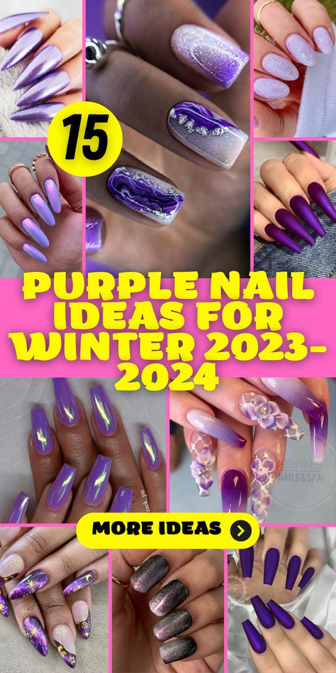 15 Gorgeous Purple Nail Ideas for Winter 2023-2024 January Purple Nails, Winter Glitter Gel Nails, Purple And Gray Nails Design, Nail Designs For 2024, Ombre Purple Nail Designs, Trendy Nails Ideas 2024 Winter, Dipped Nails Designs, Gel Nail Designs 2024, Winter Nails 2024 Trends Gel