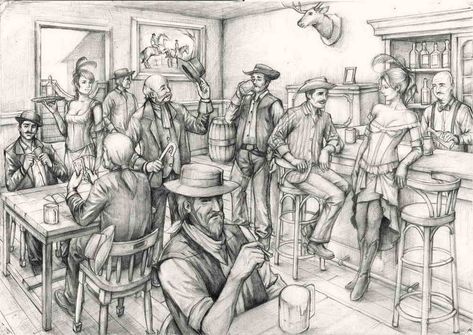 Cowboy Saloon sketch by johnnugroho.deviantart.com on @DeviantArt Western Saloon Drawing, Saloon Drawing, Cowboy Reference, 2023 Apartment, Crowd Drawing, Old West Saloon, Western Saloon, Western Prints, Cowboy Pictures