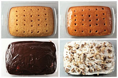 Twix Poke Cake combines boxed yellow cake mix, caramel topping, chocolate pudding, whipped topping and Twix candy bars to make an easy and yummy dessert! Super Bowl Sweets, Twix Cake, Twix Candy, Twix Chocolate, Moist Yellow Cakes, Oatmeal Cake, Delicious Deserts, Poke Cakes, Vegetarian Cake