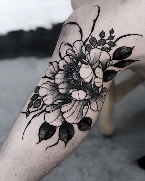 Gothic Flower Shoulder Tattoo, Dark Floral Shoulder Tattoo, Goth Garden Tattoo, Shoulder Cap Floral Tattoo, Unique Flowers Tattoo, Black Work Floral Tattoo, Goth Flowers Tattoo, Goth Floral Tattoo, Creepy Flower Tattoos