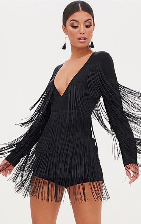 Tassels Dress, Tassel Outfit, Fringe Romper, Looks Country, Fringe Fashion, Casual Styles, Womens Playsuits, Dress Order, Black Fringe