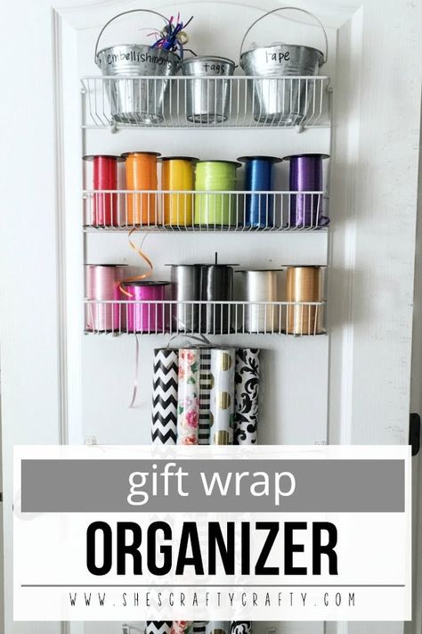 Gift Wrap Organizer - store wrapping paper and ribbon in unused space behind the door Gift Wrap Door Storage, Storing Gift Wrap Organizing Ideas, How To Organize Gift Wrapping Supplies, Gift Wrap Door, Closet Gift Wrap Organizer, Horizontal Wrapping Paper Storage, Store Wrapping Paper, Gift Wrap Organizer, Wrapping Room