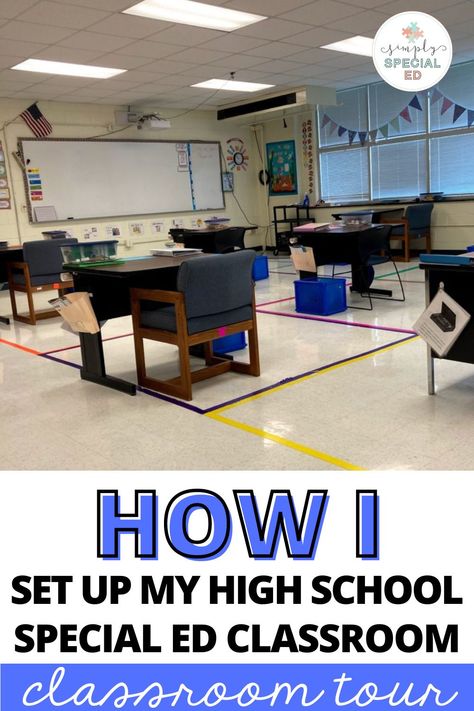 It's almost time for back to school and I am sure you are thinking about how you will setup your special education high school classroom. In this post, I am giving you a tour of my self-contained classroom. We have sensory areas for movement breaks and each student has a file folder Velcroed to their desk with daily work. We have a finished work areas and independent work area which has task boxes and file folder games. You will also find a word wall and visual schedules for each student. Work Boxes Special Education High School, High School Special Needs Classroom, Special Education Classroom Setup High School, Vocational Tasks Special Education High School, Special Ed High School Classroom, Resource Room Ideas Classroom Setup High School, Msd Classroom Setup, Self Contained Classroom Setup High School, High School Sped Classroom Decor